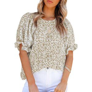 Women Khaki Print Blouse Crewneck Smocked Puff Sleeve Shirts Casual Babydoll Top